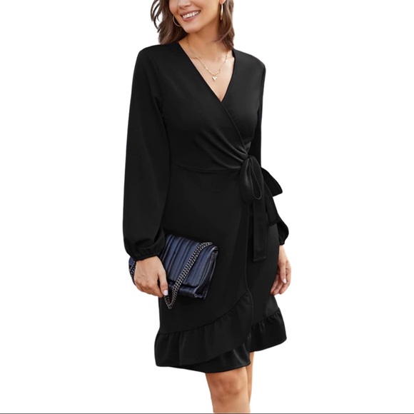 Women Mini Dress Wrap V Neck Casual Summer Dress Short Sleeves Ruffled Irregular - Picture 1 of 2